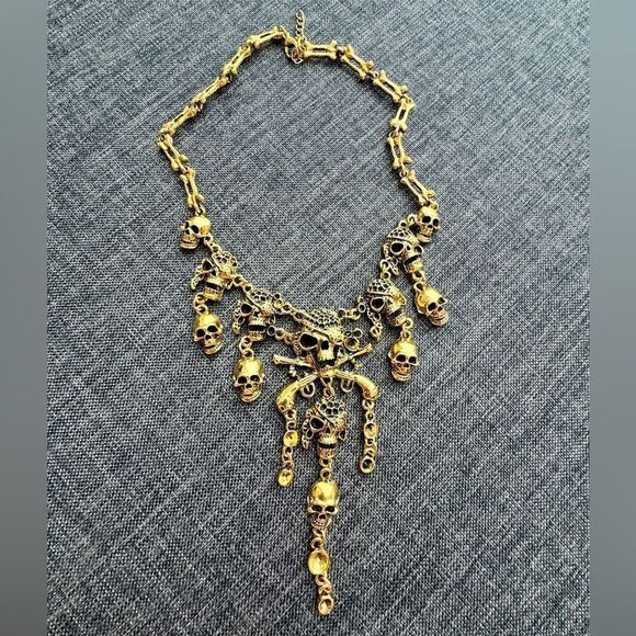 Vintage Gold Tone Skull Crossbones Bone Pirate Statement Necklace - Picture 1 of 6